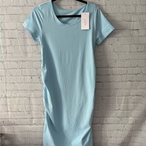 Isabel Maternity Rouched Stretch Cotton Midi Short Sleeve Dress Baby Blue